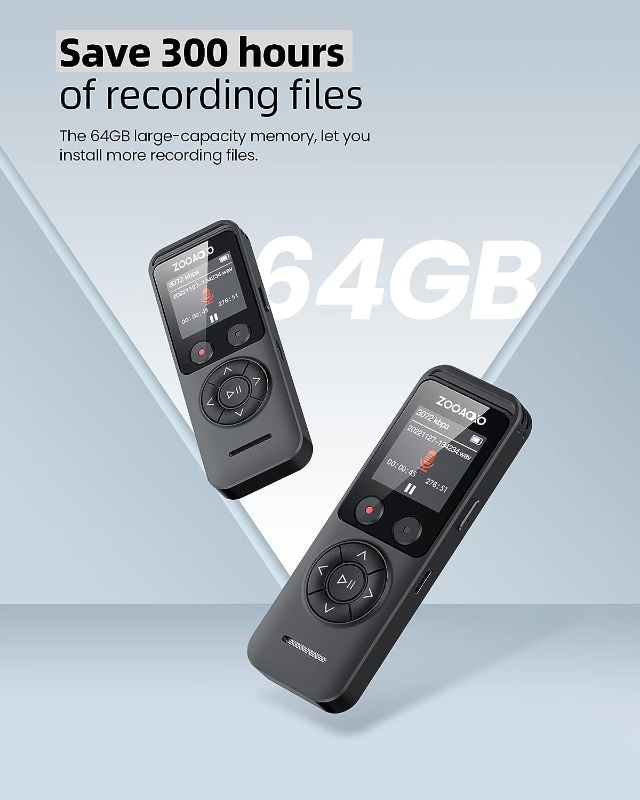 Photo 3 of ZOOAOXO 64GB Digital Voice Recorder, Voice Recorder with Dual Microphone, 3072 kbps HD, A-B Repeat, Recording Monitoring, Noise Reduction, Voice Activated Recording
