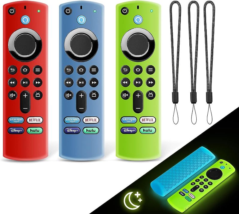 Photo 1 of 3 Pack Fire Stick Remote Cover, Silicone Remote Case for 2021 Fire TV Stick 4K Max/Alexa Voice Remote 3rd Gen, Anti Slip Silicone Protective Case with Lanyard(Glow Blue & Glow Green & Red)
