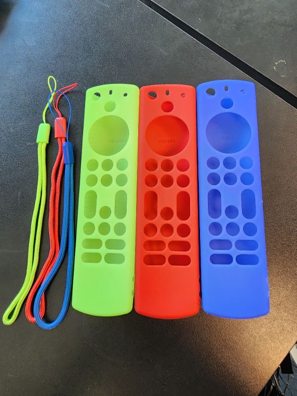 Photo 2 of 3 Pack Fire Stick Remote Cover, Silicone Remote Case for 2021 Fire TV Stick 4K Max/Alexa Voice Remote 3rd Gen, Anti Slip Silicone Protective Case with Lanyard(Glow Blue & Glow Green & Red)
