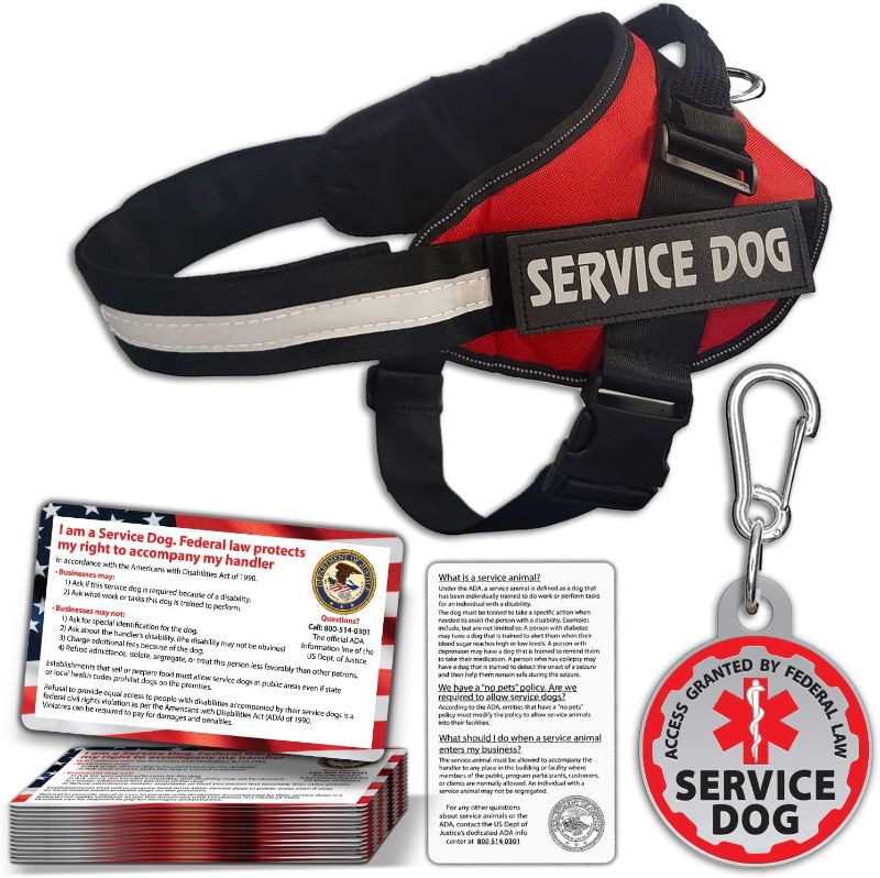 Photo 1 of Service Dog Vest + ID Tag + 50 ADA Information Cards - Service Dog Harness in Sizes X Small to XX Large, Metal Dog Tag has Durable Clip, Service Animal Information Cards are 2-Sided. ESA Accessory Set
