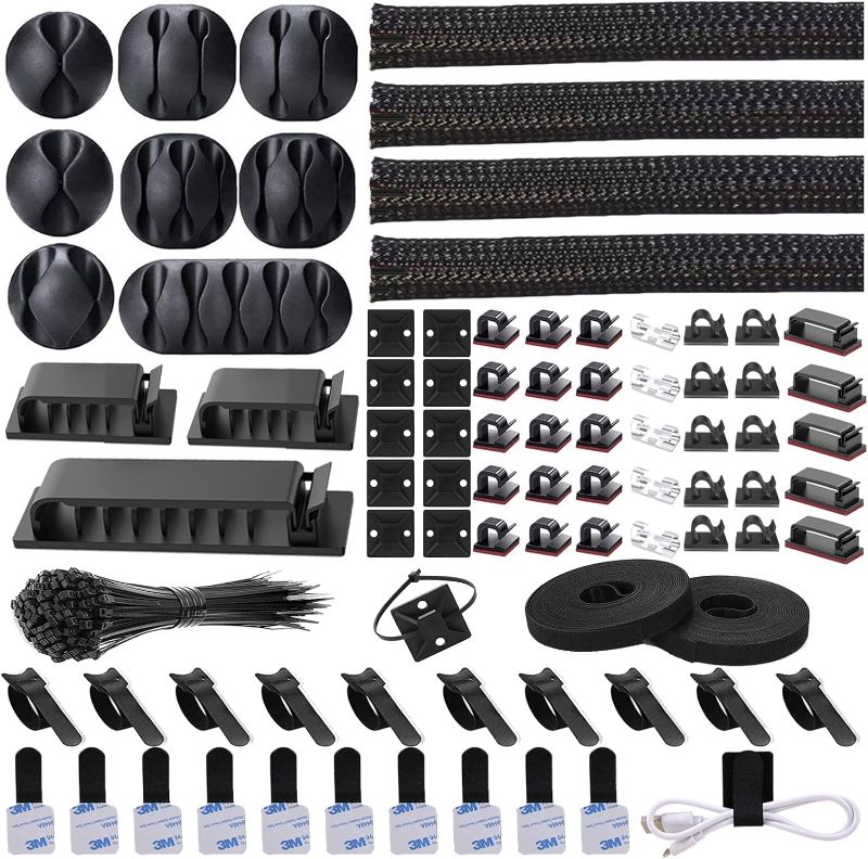 Photo 1 of 92 PCS Cable Management Kit 4 Wire Organizer Sleeve,11 Cable Holder,35Cord Clips 10+2 Roll Cable Organizer Straps and 100 Fastening Cable Ties for Computer TV Under Des