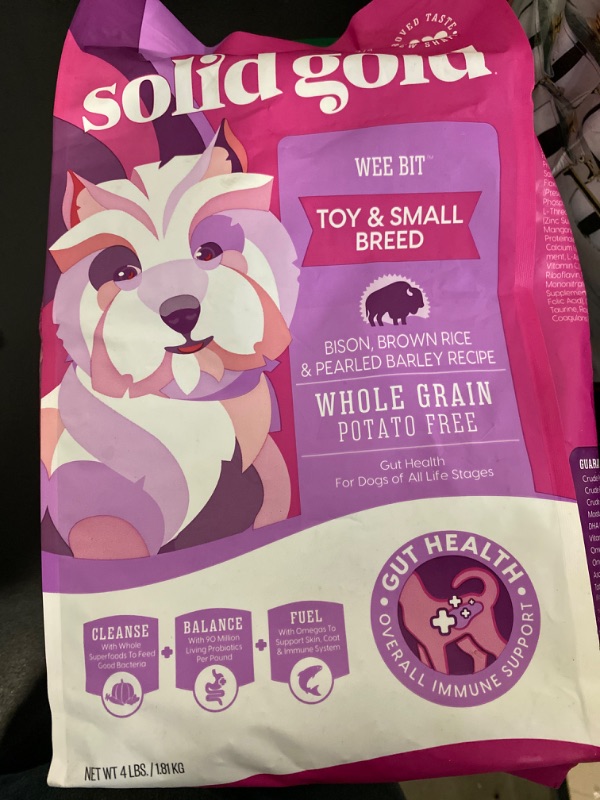 Photo 2 of Solid Gold Small Breed Dog Food - Wee Bit Whole Grain Made with Real Bison, Brown Rice, and Pearled Barley - High Fiber, Probiotic, Natural Dry Dog Food for Small Dogs with Sensitive Stomachs - 4 LB
