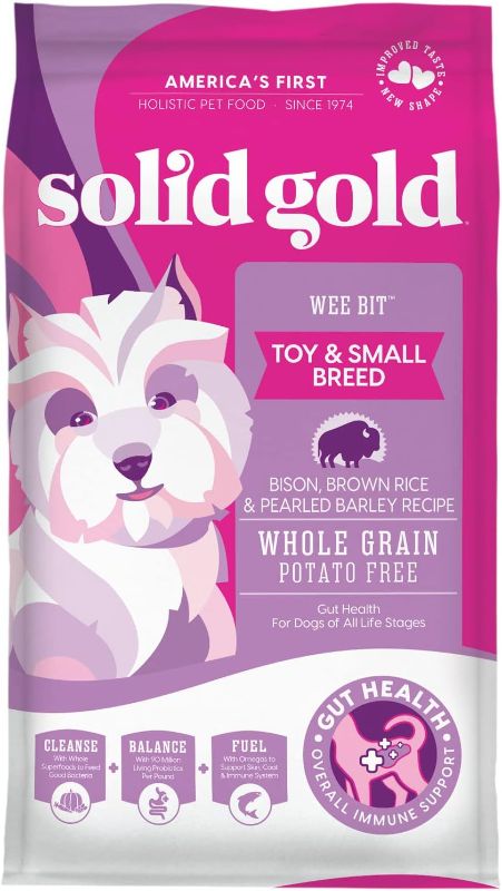 Photo 1 of Solid Gold Small Breed Dog Food - Wee Bit Whole Grain Made with Real Bison, Brown Rice, and Pearled Barley - High Fiber, Probiotic, Natural Dry Dog Food for Small Dogs with Sensitive Stomachs - 4 LB
