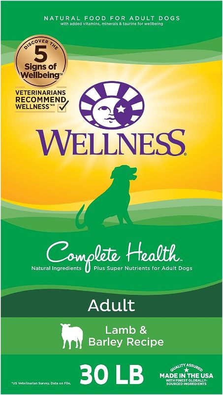 Photo 1 of Wellness Complete Health Dry Dog Food with Grains, Made in USA with Real Meat & Natural Ingredients, All Breeds, Adult Dogs (Lamb & Barley, 30-lb) – With Nutrients for Immune, Skin, & Coat Support
