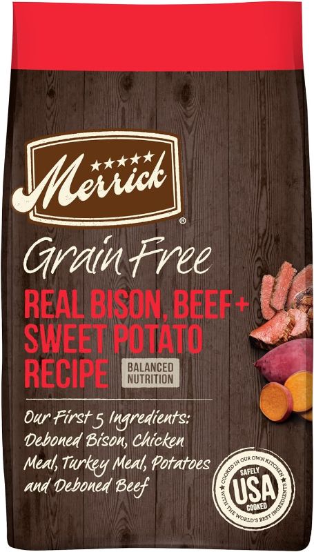 Photo 1 of Merrick Dry Dog Food, Real Bison, Beef and Sweet Potato Grain Free Dog Food Recipe - 10 lb. Bag
