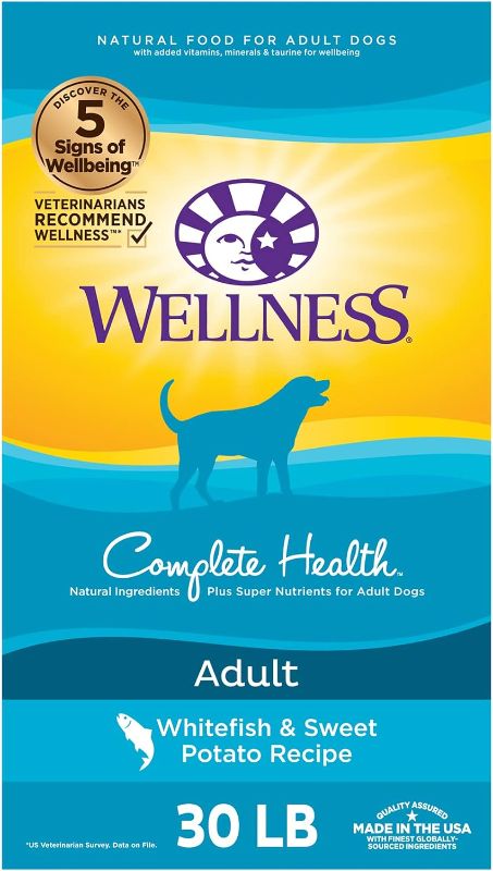 Photo 1 of Wellness Complete Health Dry Dog Food with Grains, Made in USA with Real Meat & Natural Ingredients, All Breeds, Adult Dogs (Whitefish, 30-lb) – With Nutrients for Immune, Skin, & Coat Support
