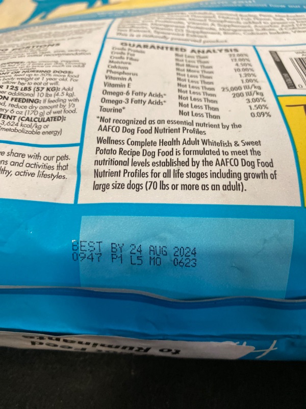 Photo 3 of Wellness Complete Health Dry Dog Food with Grains, Made in USA with Real Meat & Natural Ingredients, All Breeds, Adult Dogs (Whitefish, 30-lb) – With Nutrients for Immune, Skin, & Coat Support
