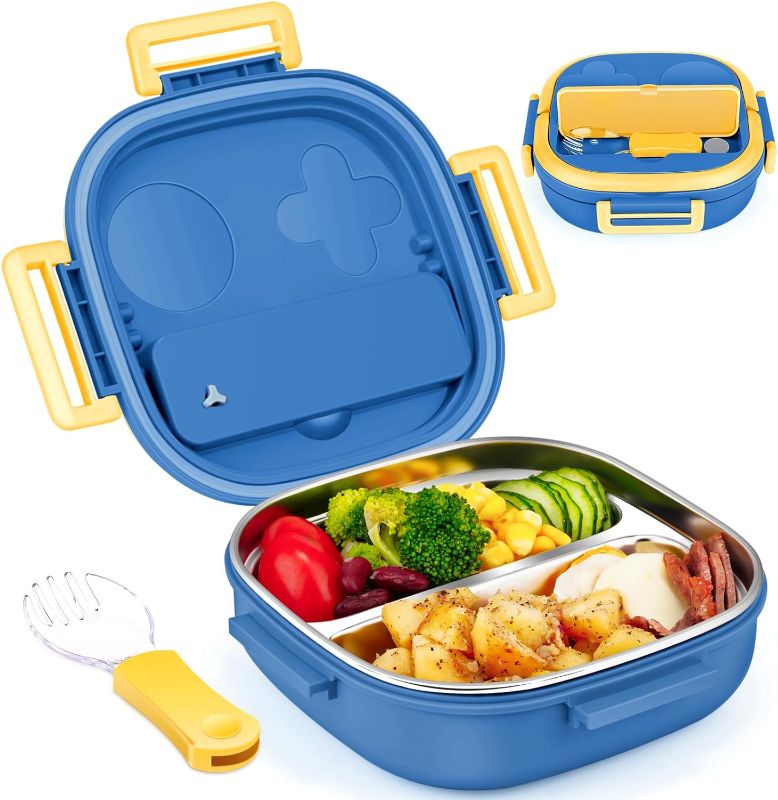Photo 1 of Pedeco Small Stainless Steel Kid Bento Box,Leak-Proof,2-Compartment,Lunch Box with Portable Cutlery-Ideal Portion Size for Kids/Toddler-BPA-Free(Blue)
