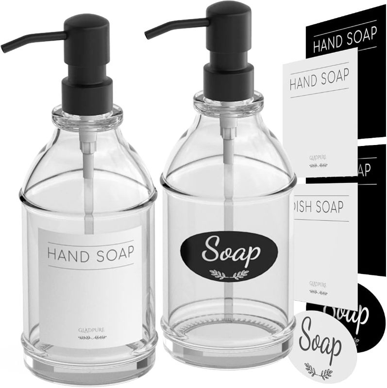 Photo 1 of GLADPURE Soap Dispenser 2 Pack, Hand Soap Dispensers with 16 Oz Clear Thick Glass Boston Round Bottle, 304 Rust Proof Stainless Steel Pump, 6Pcs Stickers, Kitchen & Bathroom Soap Dispenser- Black
