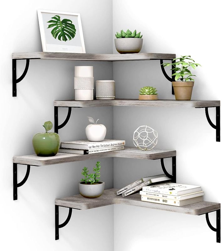 Photo 1 of Canupdog Corner Floating Shelf Wall Mount 4 Tier Wood Floating Shelves, Easy-to-Assemble Tiered Wall Storage, Wall Organizer for Bedrooms, Bathrooms, Kitchens, Offices (Rustic White)
