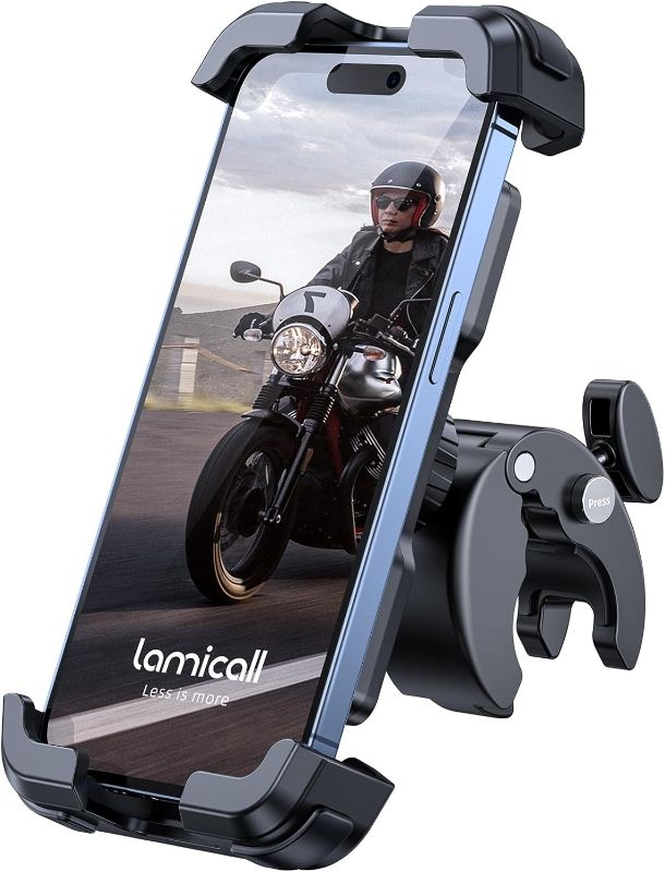 Photo 1 of Lamicall Motorcycle Phone Mount, Bike Phone Holder - Upgrade Quick Install Handlebar Clip for Bicycle Scooter, Cell Phone Clamp for iPhone 15 Pro Max / 14/13, Galaxy S10 and More 4.7-6.8" Phone

