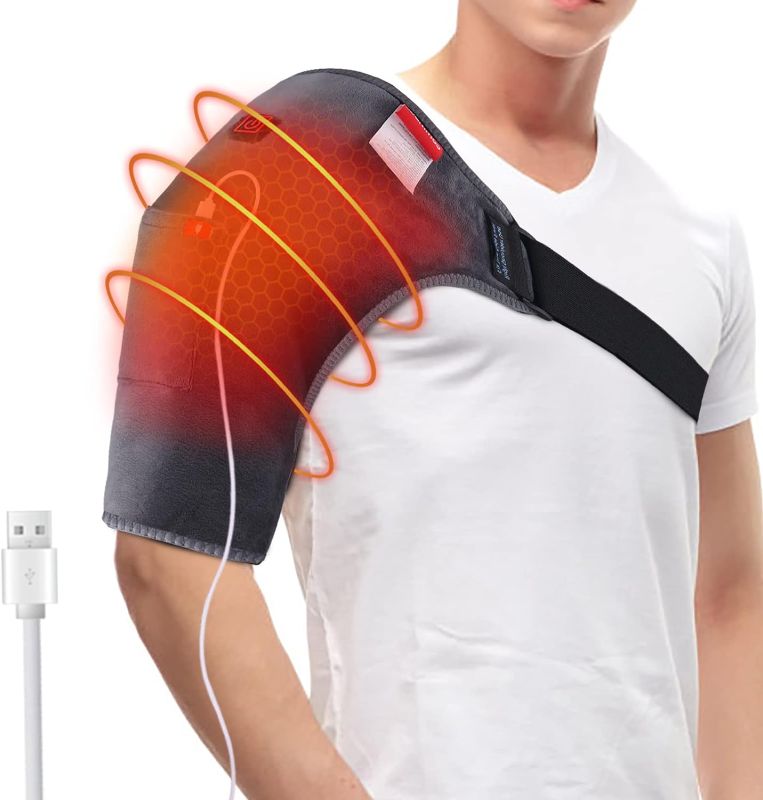 Photo 1 of Comfheat Heated Shoulder Wrap USB Shoulder Heating Pads for Rotator Cuff Pain Upper Arm Muscle Relief 3 Heating Settings Portable Shoulder Heat Pad for Travel Grey
