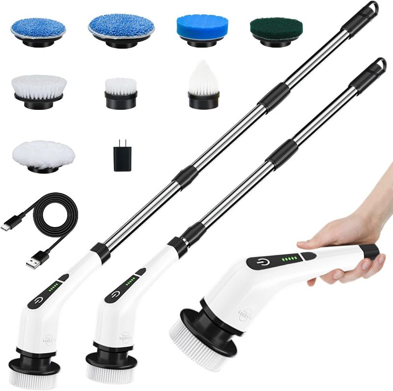 Photo 1 of Leebein Electric Spin Scrubber, Cordless Cleaning Brush with 8 Replaceable Brush Heads, Tub and Floor Tile 360 Power Scrubber Dual Speed with Adjustable & Detachable Handle for Bathroom Kitchen Car
