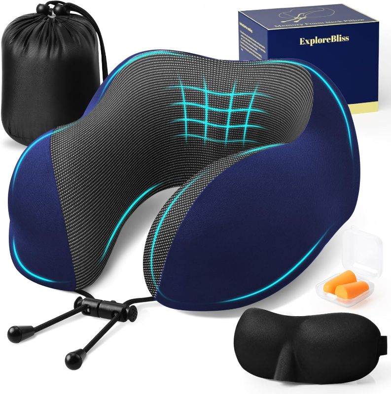 Photo 1 of ExploreBliss Travel Pillow, Travel Pillows for Sleeping Airplane, Removable Cover Neck Pillow with Adjustable Clasp, Memory Foam Neck Pillow Set with Eye Mask, Earplugs and Storage Bag, Blue
