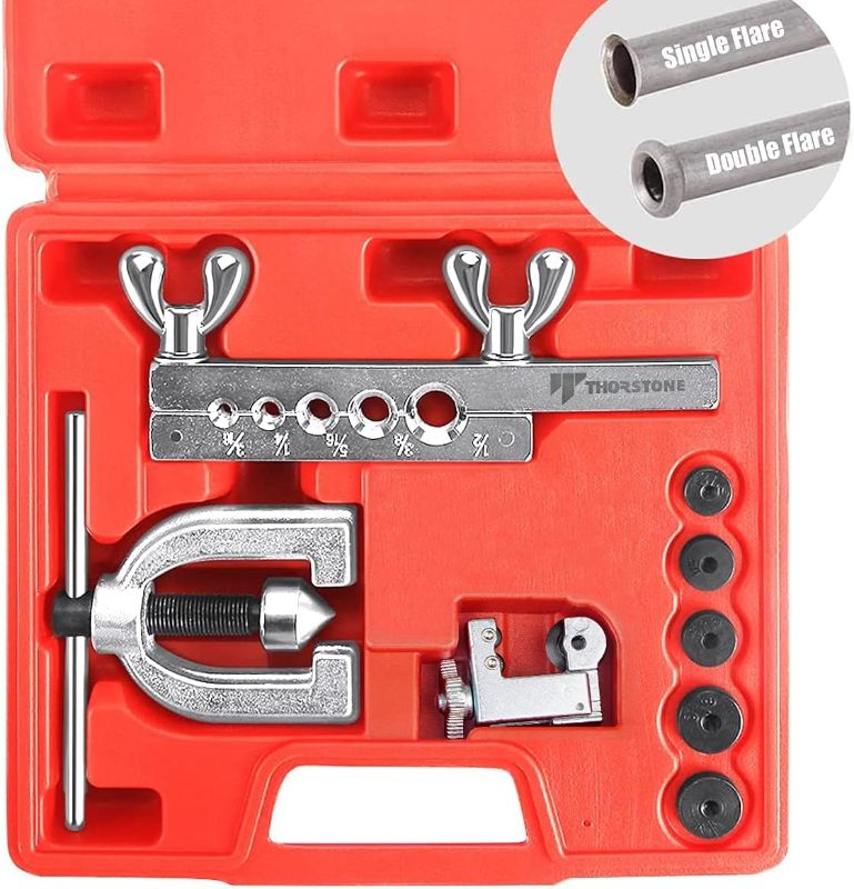 Photo 1 of Thorstone Double & Single Flaring Tool Kit for Brake Line and Brass Tubing Tool with Extra Adapters, 45 Degrees, Red
