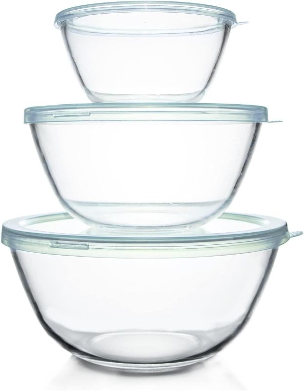 Photo 1 of Luvan Glass Mixing Bowl with Lids Set(4.5QT,2.7QT,1.1QT), 3PC Large Glass Mixing Bowls Set, Glass Nesting Bowls, Clear Salad Mixing Bowl for Kitchen, Storage, Cooking, Baking, Prepping,Dishwasher Safe
