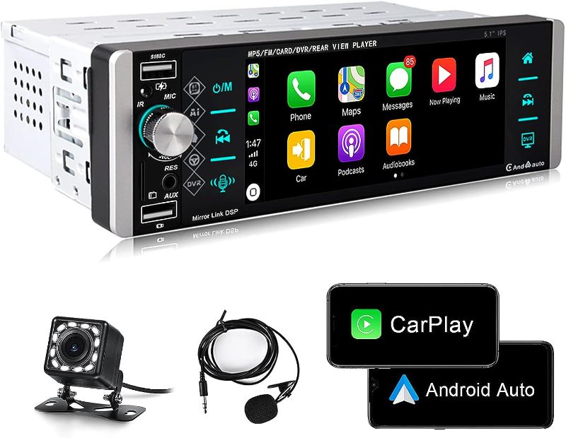 Photo 1 of Single Din Car Stereo Compatible with Apple Carplay & Android Auto, METEESER 5.1 Inch Bluetooth Backup Camera, Touch Screen Radio Support FM/Mirror Link/SWC/USB/DVR/AUX-in

