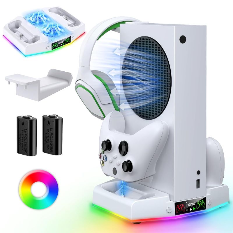 Photo 1 of RGB Cooling Stand & Charging Station for Xbox Series S with RGB Light, MENEEA Cooler Fan for Console & Fast Charger for Controller, Accessories with 2 * 1400mAh Rechargeable Batteries, Headphone Hook
