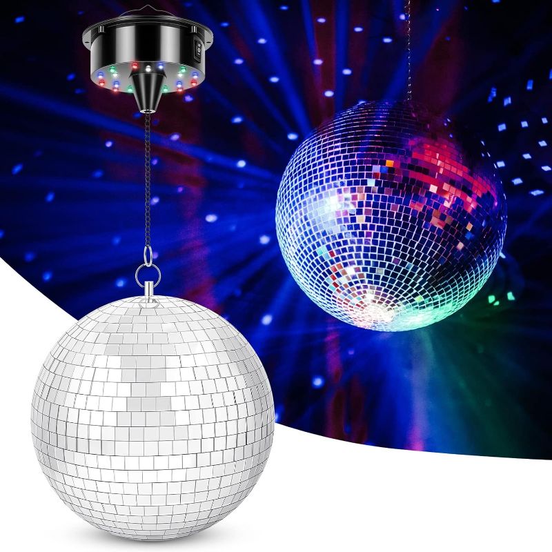 Photo 1 of Meagoo Disco Ball with Motor and Light, 8" Hanging Mirror Ball and 6RPM Batteries Powered Rotating Motor with 4 Light Colors and 18 LEDs for Disco Party Decoration, DJ Club, Wedding, Birthday
