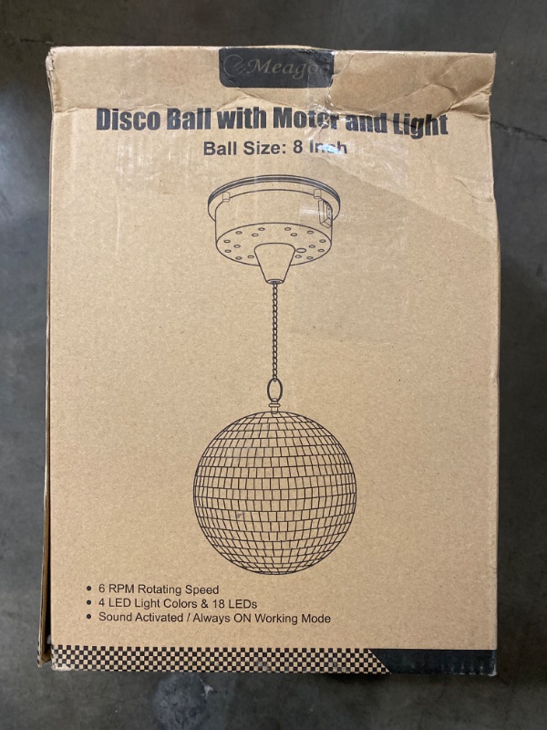 Photo 2 of Meagoo Disco Ball with Motor and Light, 8" Hanging Mirror Ball and 6RPM Batteries Powered Rotating Motor with 4 Light Colors and 18 LEDs for Disco Party Decoration, DJ Club, Wedding, Birthday
