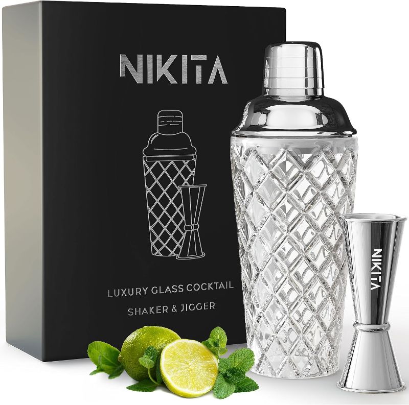 Photo 1 of Nikita By Niki Luxury Glass Cocktail Shaker - Drink Shaker and Jigger Set - Stainless Steel Lid with Strainer - Martini Shaker Set - Silver, Rose Gold, Gold Cocktail Shaker Set Bartender Kit
