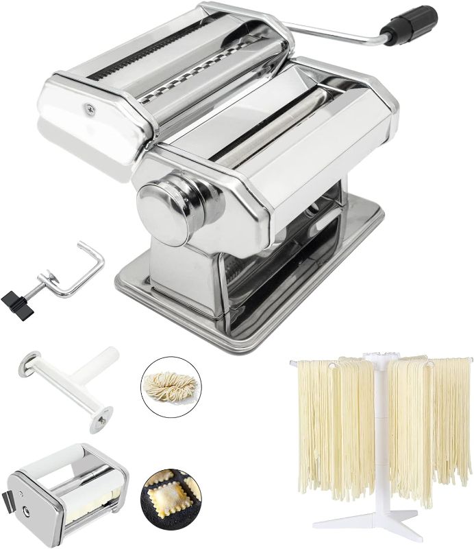 Photo 1 of MZTOGR Pasta Maker Machine, Set of 6 Piece 150mm Steel Noodle Maker Machine with 9 Adjustable Thickness Settings, Includes Ravioli Maker Attachment, Pasta Drying Rack (MZ-150PR)
