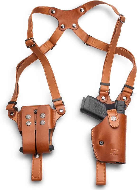 Photo 1 of Handmade Universal Leather Shoulder Holster Compatible with Glock 17/19, 1911, Taurus G2C/G3C, M&P 9, Sig P220/P226, 92FS, and More, Vertical Concealed Holster with Double Mag Holster, Right Hand
