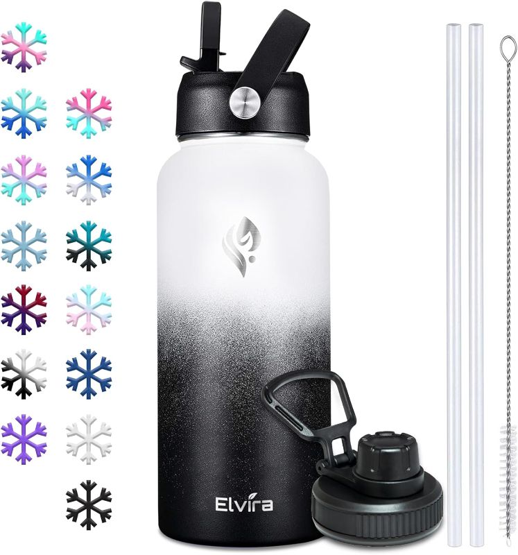 Photo 1 of Elvira 32oz Vacuum Insulated Stainless Steel Water Bottle with Straw & Spout Lids, Double Wall Sweat-proof BPA Free to Keep Beverages Cold For 24Hrs or Hot For 12Hrs

