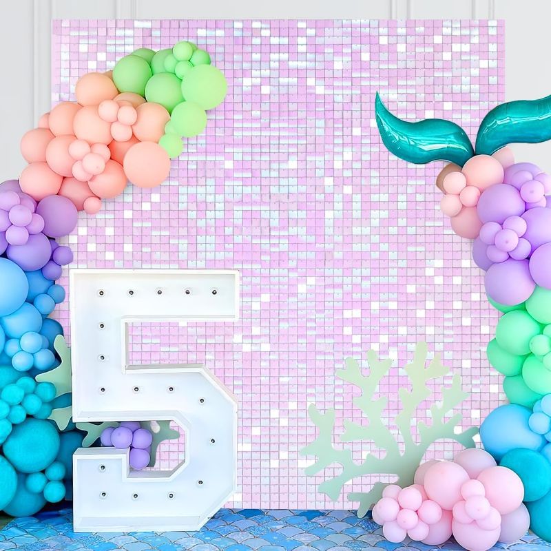 Photo 1 of Shimmer Wall Backdrop Panels 24PCS Shimmer Backdrop Square Sequin Decor Rainbow Purple for Mermaid Party Anniversary Sparkly Stage Panel Decoration with KALEFO Mermaid Cake Stand 3 Tier Mermaid Party Supplies Cupcake Stand Mermaid Party Decortions for Mer