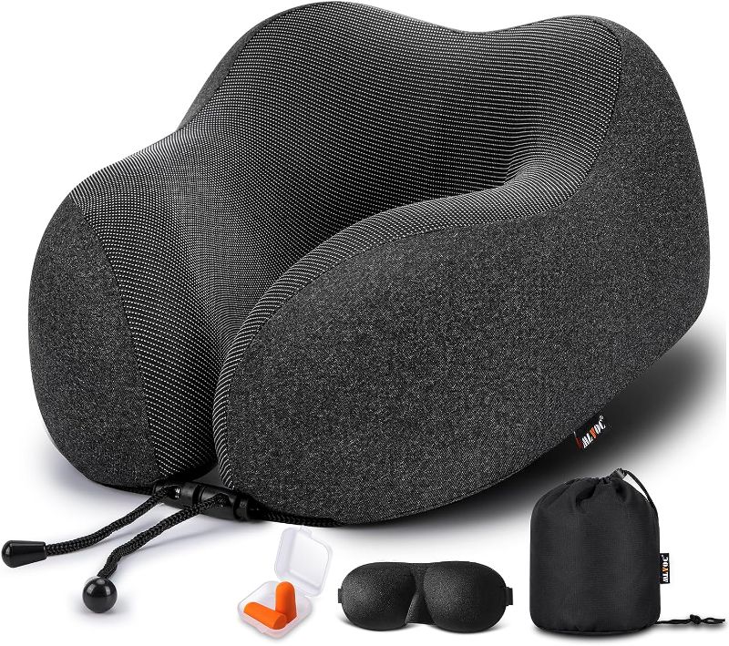 Photo 1 of MLVOC Travel Pillow 100% Pure Memory Foam Neck Pillow, Comfortable & Breathable Cover, Machine Washable, Airplane Travel Kit with 3D Contoured Eye Masks, Earplugs, and Luxury Bag, Standard (Black)
