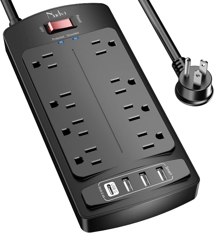 Photo 1 of Surge Protector Power Strip - Nuetsa Flat Plug Extension Cord with 8 Outlets and 4 USB Ports, 6 Feet Power Cord (1625W/13A), 2700 Joules, ETL Listed, Black
