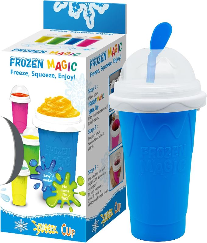 Photo 1 of Slushy Maker Cup Slushie Cup Maker Milk Cola Juice Squeeze Cup Frozen Magic Quick Freeze Cup Cooling Cup Smoothies Cup with Lids and Straws for All Age (Blue)
