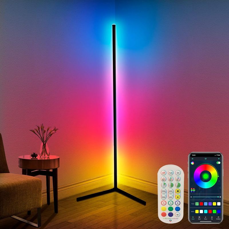 Photo 1 of Corner Floor Lamp,65” Color Changing LED Floor Lamp with Music Sync,Modern Mood Lighting Corner Lamp with Remote & App Control, Creative DIY Mode & Timing,RGB Floor Lamp for Living Room Gaming Room
