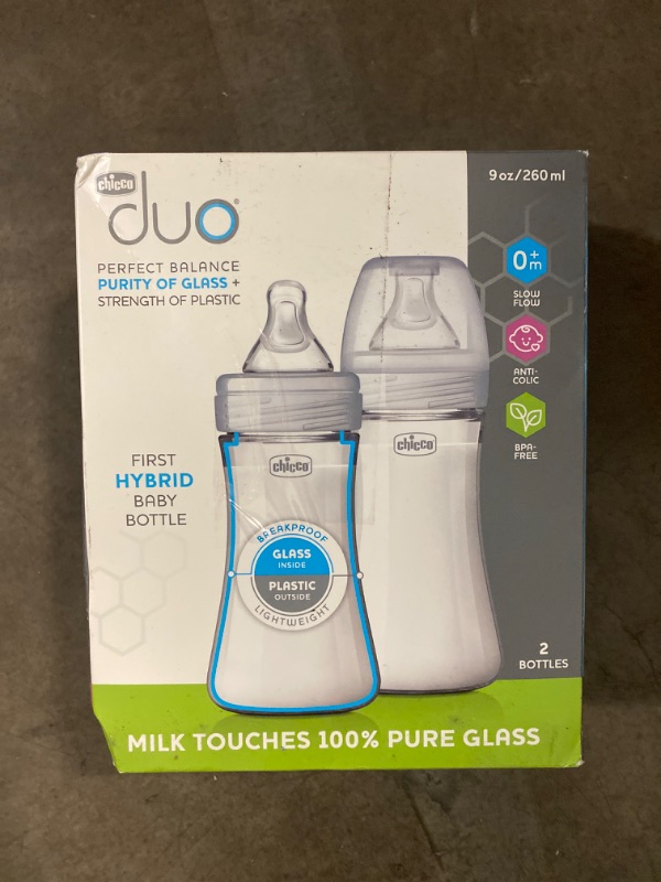 Photo 2 of Chicco Duo 9oz. Hybrid Baby Bottle with Invinci-Glass Inside/Plastic Outside 2-Pack with Slow Flow Anti-Colic Nipple - Clear/Grey
