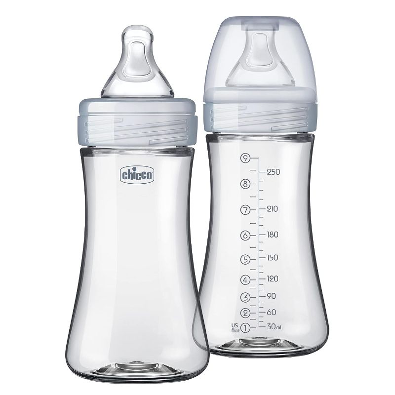 Photo 1 of Chicco Duo 9oz. Hybrid Baby Bottle with Invinci-Glass Inside/Plastic Outside 2-Pack with Slow Flow Anti-Colic Nipple - Clear/Grey
