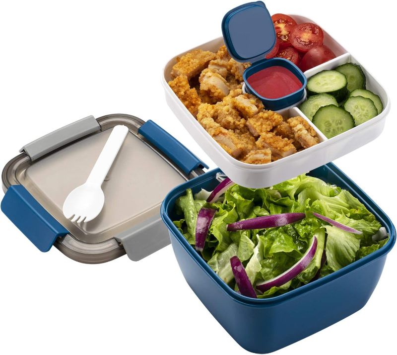 Photo 1 of Freshmage Salad Lunch Container To Go, 52-oz Salad Bowls with 3 Compartments, Salad Dressings Container for Salad Toppings, Snacks, Men, Women (Blue)
