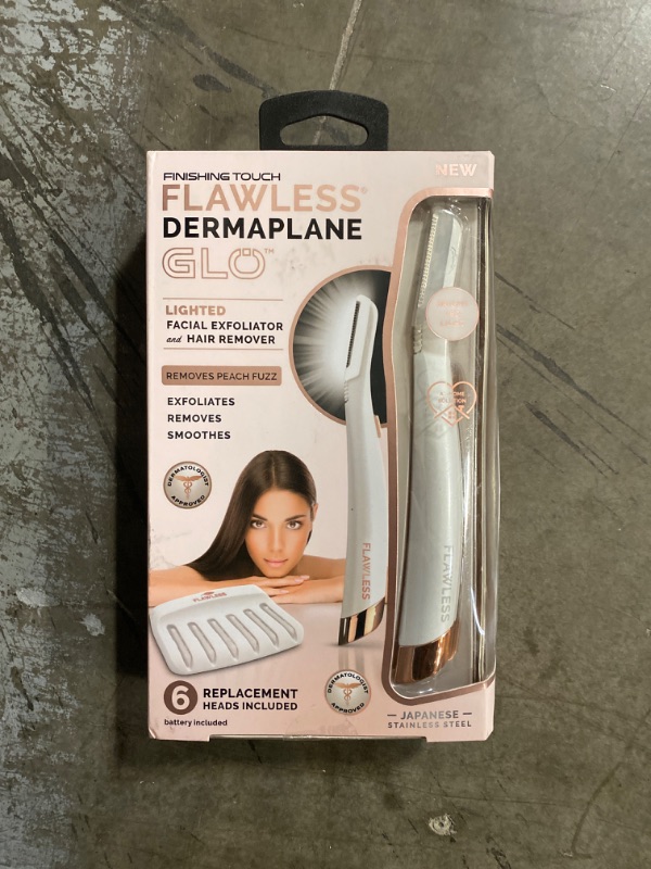 Photo 2 of Finishing Touch Flawless Dermaplane Glo Lighted Facial Exfoliator - Non-Vibrating and Includes 6 Replacement Heads, White/Rose Gold
