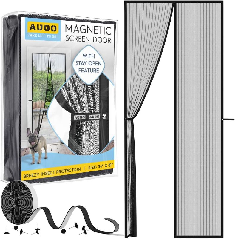 Photo 1 of AUGO Magnetic Screen Door - Self Sealing, Heavy Duty, Hands Free Mesh Partition Keeps Bugs Out - Pet and Kid Friendly - Patent Pending Keep Open Feature - 34 Inch x 81 Inch
