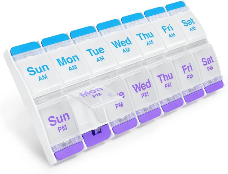 Photo 1 of EZY DOSE Push Button (7-Day) Pill Case, Medicine Planner, Vitamin Organizer, 2 Times a Day AM/PM, Large Compartments, Arthritis Friendly, Clear Lids, Purple/Blue
-2 Pack-