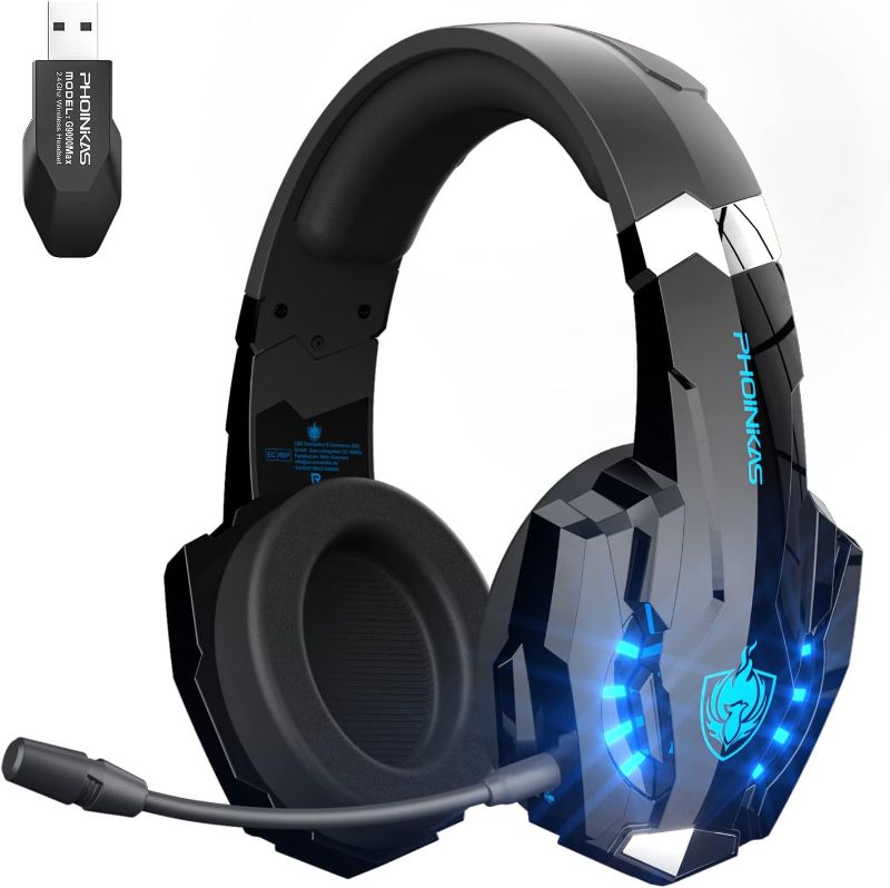 Photo 1 of PHOINIKAS Wireless Gaming Headset with Microphone, G9000 2.4G Wireless Headset for PC PS4 PS5 Switch, Over Ear Headphones with 7.1 Stereo Sound, 3.5mm Wired Gaming Headset for Laptop/Phone/Tablet
