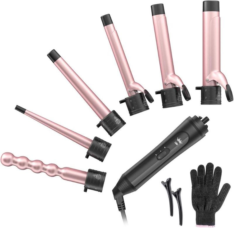 Photo 1 of 6-IN-1 Curling Iron, Professional Instant Heat Up Hair Curling Wand Set with 6 Interchangeable Ceramic Barrels (0.35'' to 1.25'') and 2 Temperature Adjustments, Heat Protective Glove & 2 Clips
