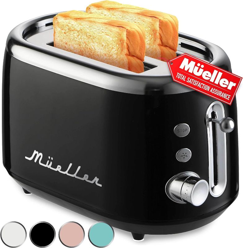 Photo 1 of Mueller Retro Toaster 2 Slice with 7 Browning Levels and 3 Functions: Reheat, Defrost & Cancel, Stainless Steel Features, Removable Crumb Tray, Under Base Cord Storage, Black
