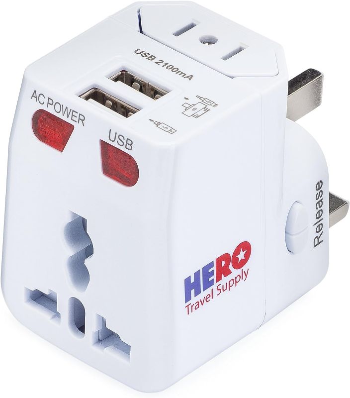 Photo 1 of Hero Universal Travel Adapter (2 USB Ports) – Power Plug for US Europe France UK Ireland Thailand NZ Australia 100+ Countries White
