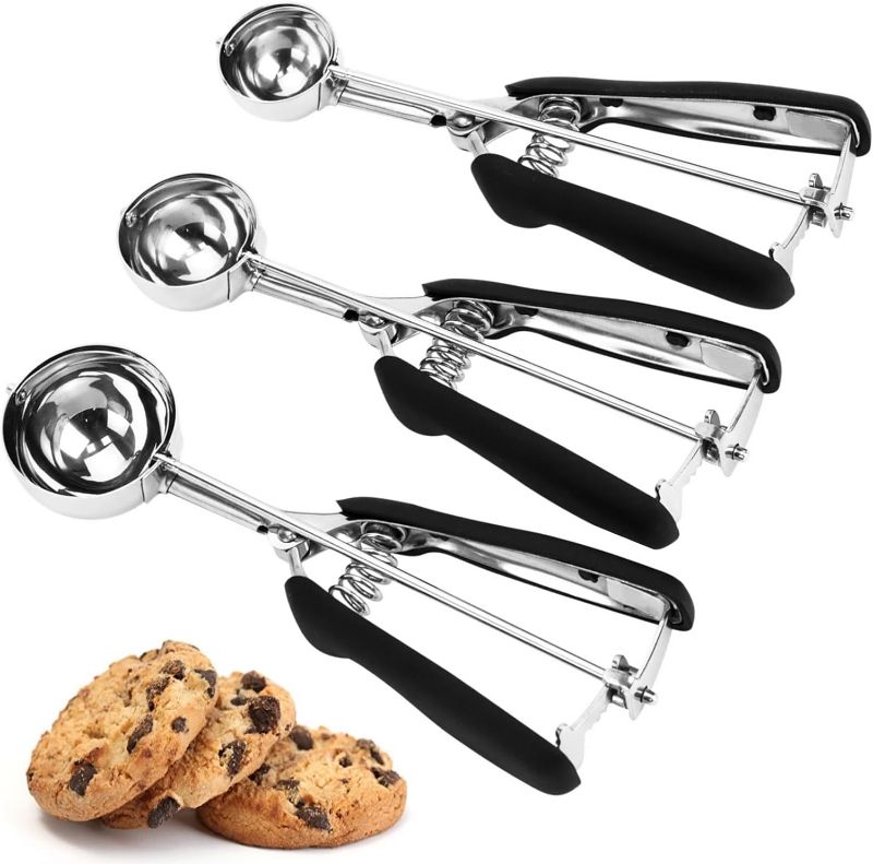Photo 1 of Cookie Scoop Set, 3Pcs Ice Cream Scoop, Cookie Scoops for Baking Set of 3, 18/8 Stainless Steel Cookie Scooper for Baking, Ice Cream Scooper with Trigger Release, Cookie Dough Scoop with Non-slip Grip
