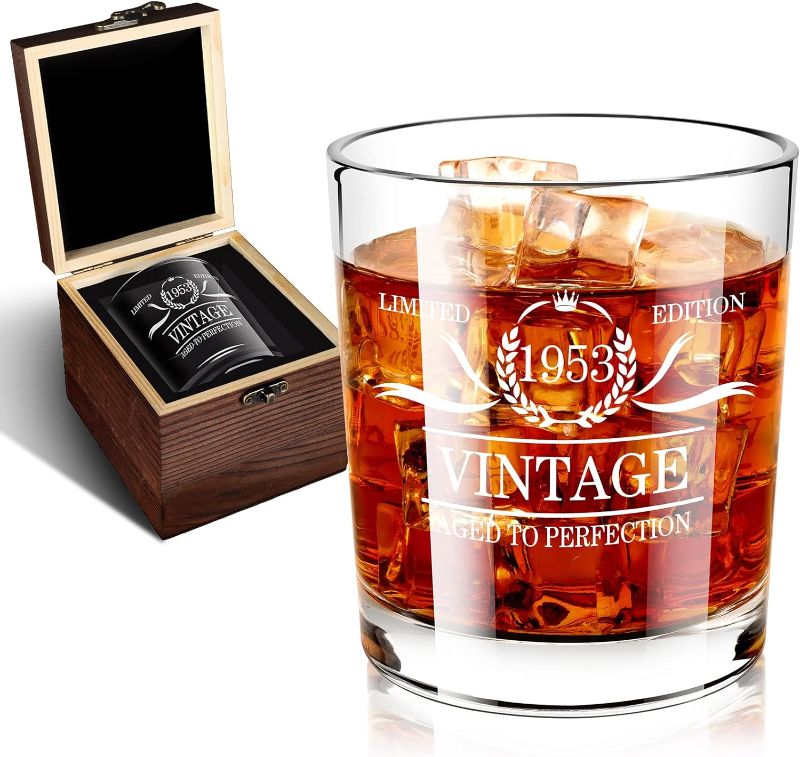 Photo 1 of BEYOND MS 70th Birthday Gifts for Men - 70th Birthday Decorations for Men - 1953 Whiskey Glass in Valued Wooden Box - Anniversary Ideas for Him, Dad, Husband, Friends - 12oz Whiskey Glass
