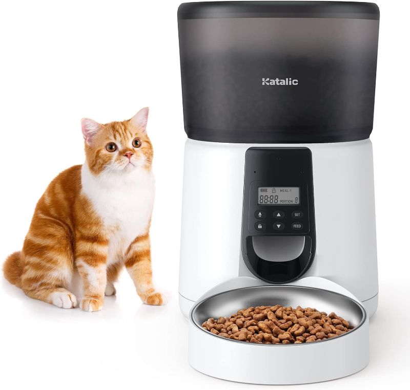 Photo 1 of Automatic Cat Feeders, Katalic Clog-Free 4L Cat Food Dispenser with Sliding Lock Lid Storage Pet Timed Feeder for Cats and Dogs with Voice Recorder, Programmable Meal & Portion Automatic Feeder
