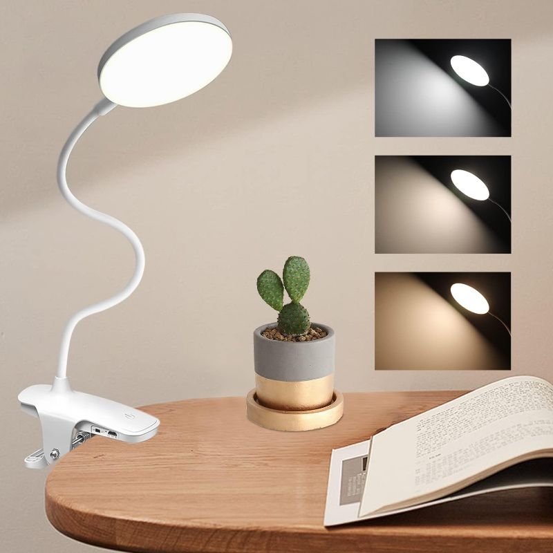Photo 1 of SALUOKE Desk Lamp Reading Light: Clip-on Desk Lamp Eye Caring 20 LEDs Light Rechargeable Book Light with 3 Level Brightness 3 Color Modes and Touch Control, Reading Light for Home & Office
