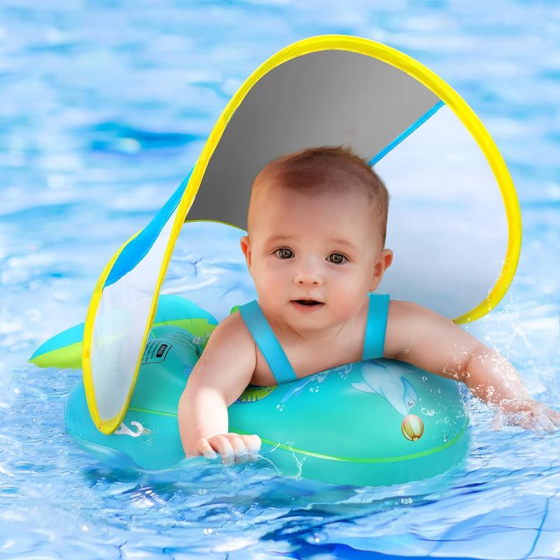 Photo 1 of No Flip Over Baby Pool Float with Canopy UPF50+ Sun Protection, Inflatable Baby Float with Sponge Safety Support Bottom, Fun Gifts Water Toys Accessories Baby Swim Floats for Pool 3-36 Months

