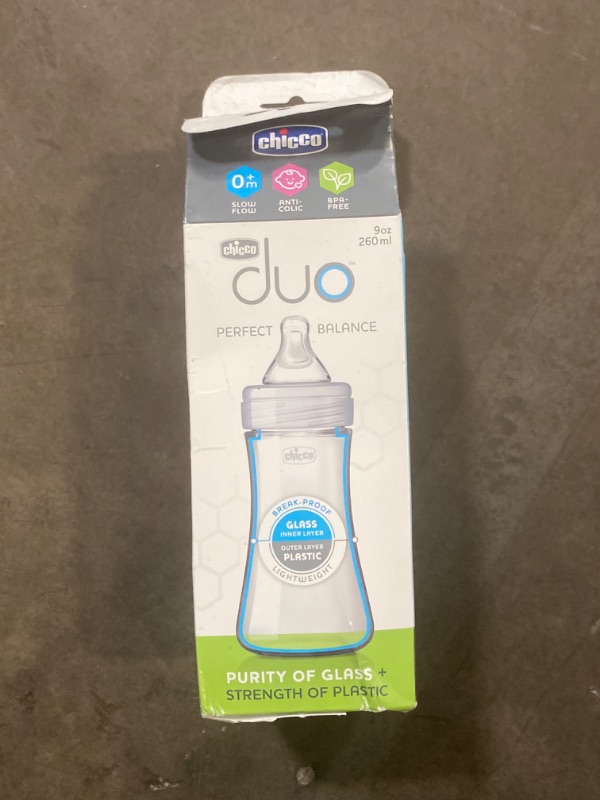 Photo 2 of Chicco Duo 9oz. Hybrid Baby Bottle with Invinci-Glass Inside and Plastic Outside | Dishwasher, Bottle Warmer, and Electric Sterilizer Safe | Intui-Latch Nipple | Clear/Grey
