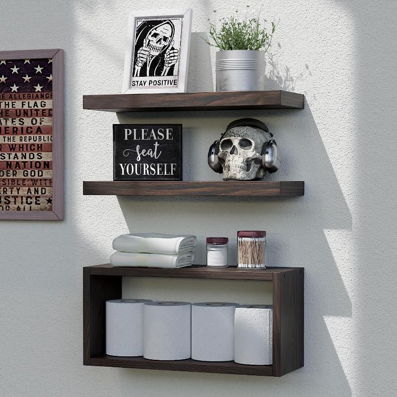 Photo 1 of RICHER HOUSE Floating Shelves Set of 3, Modern Bathroom Shelves Wall Mounted Shelves with Invisible Brackets Over Toilet, Rustic Wall Shelves for Bathroom Bedroom, Living Room, Kitchen - Walnut
